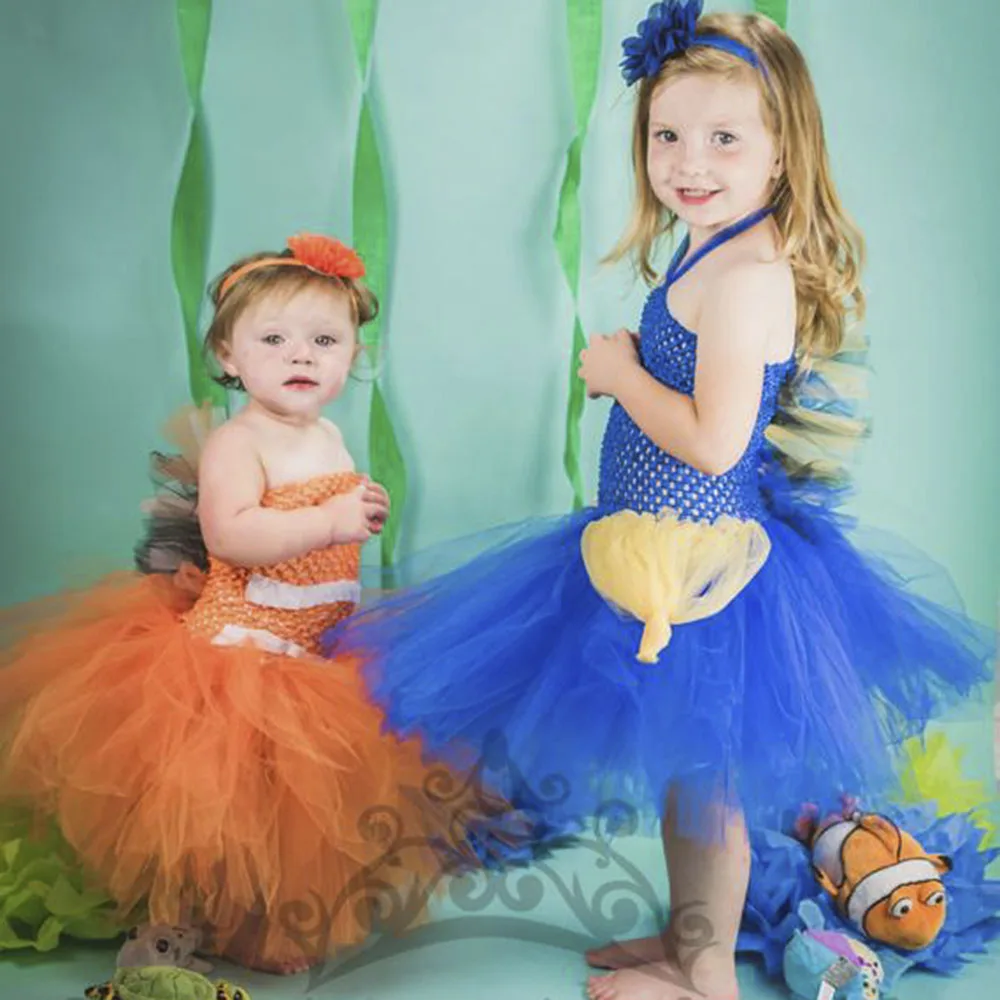 

New Design Blue Tang Fish Tutu Dress Baby Girl First Under Sea Birthday Photo Prop Dress Up For Kids