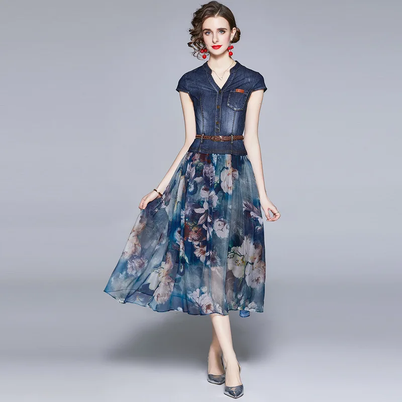 2021 Summer Wear New Chiffon Spliced Denim Skirt Temperament Fashion Printed Casual Denim Dress, Black ,blue
2021 Summer Wear New Chiffon Spliced Denim Skirt Temperament Fashion Printed Casual Denim Dress, Black ,blue