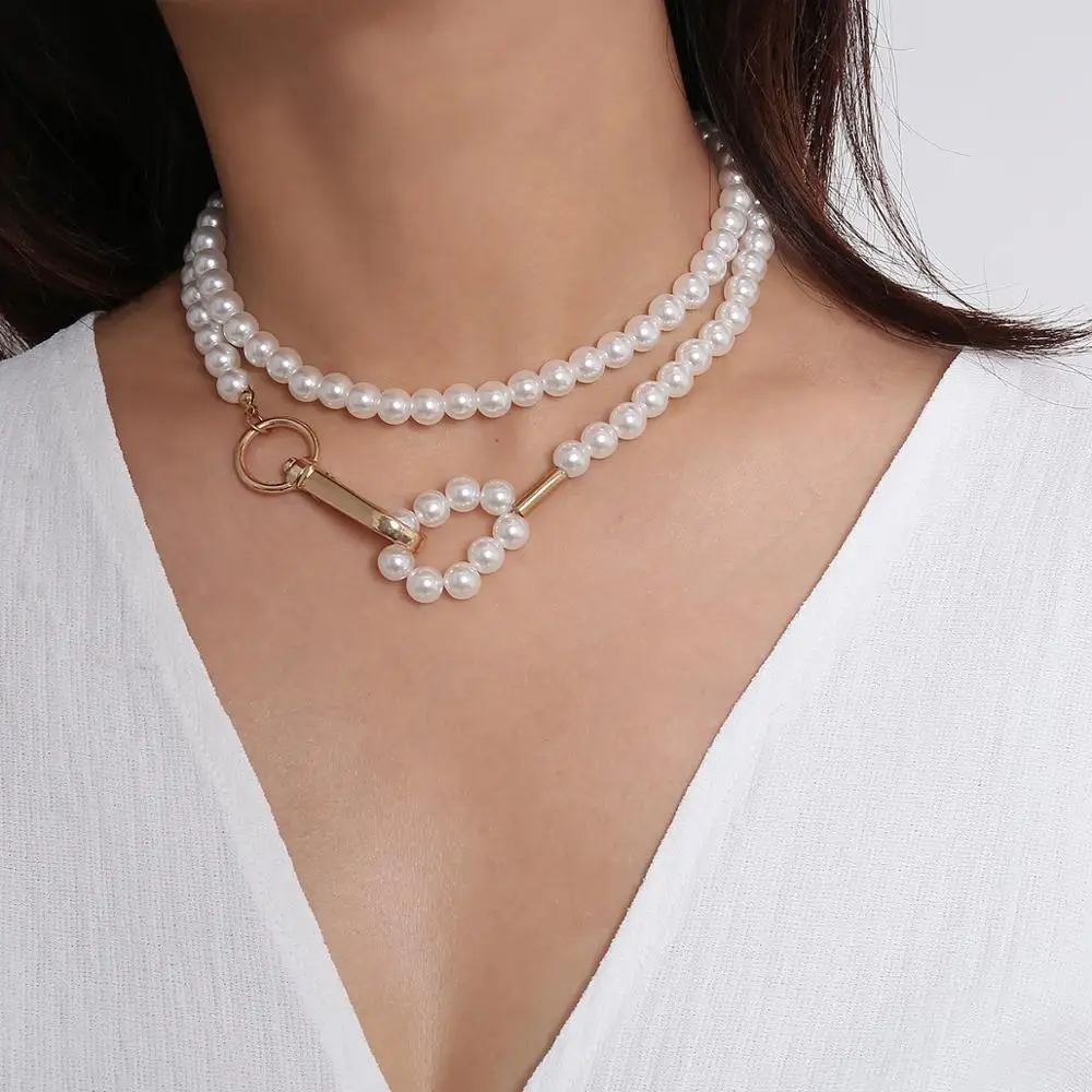 Handmade beaded geometric necklace personalized imitation pearl long double layer choker necklace (KNK5152), Silver, gold
Handmade beaded geometric necklace personalized imitation pearl long double layer choker necklace (KNK5152), Silver, gold