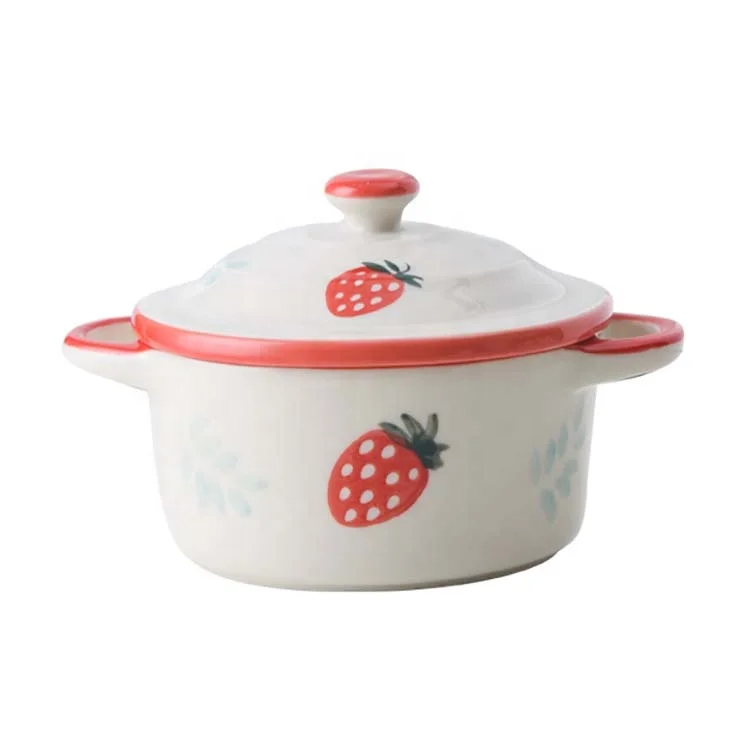 

High quality durable porcelain 200ml bakeware bowl with cover and double ears cute strawberry color pattern dessert bowl, Strawberry red