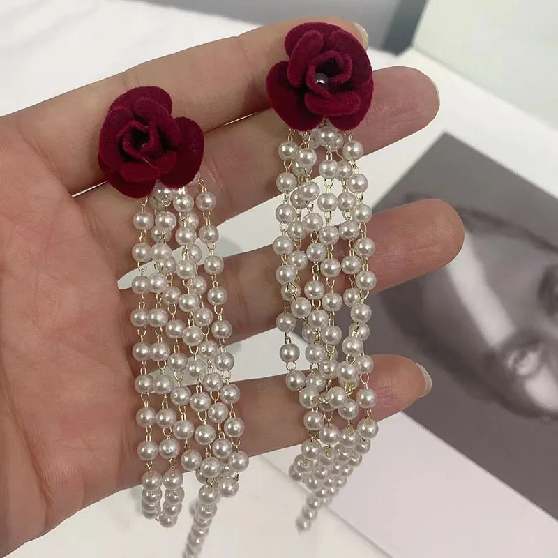 Vintage Wine Red Velvet Rose Flower Pearl Tassel Earrings Female Earrings For Bride
Vintage Wine Red Velvet Rose Flower Pearl Tassel Earrings Female Earrings For Bride