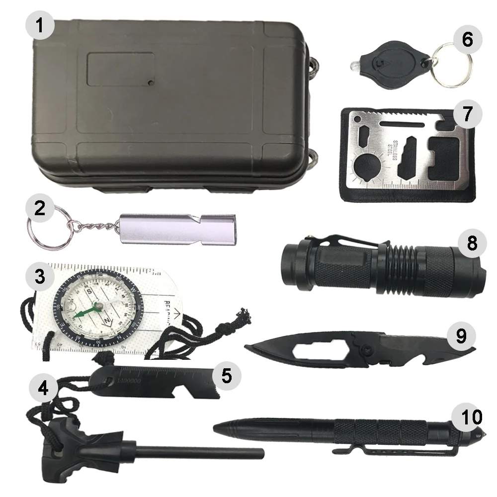 Hot sell Outdoor camping emergency military tactical Emergency Survival Kit 10 in 1 Survival kit
Hot sell Outdoor camping emergency military tactical Emergency Survival Kit 10 in 1 Survival kit