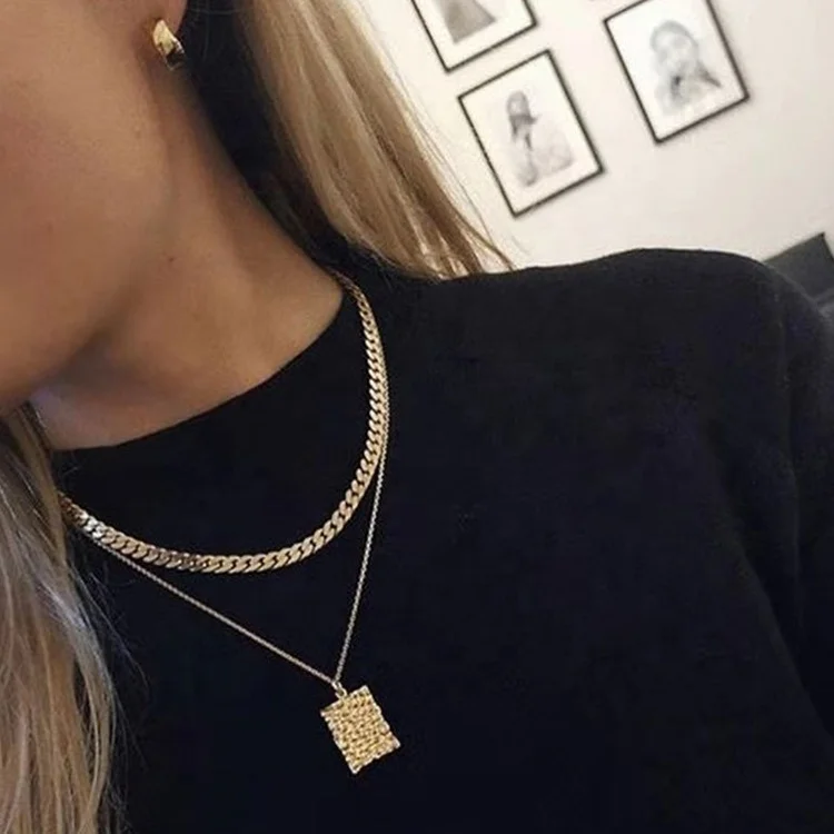 Fashion aluminum necklace chain wild embossed square pendant double layer necklace for women men, Gold color
Fashion aluminum necklace chain wild embossed square pendant double layer necklace for women men, Gold color