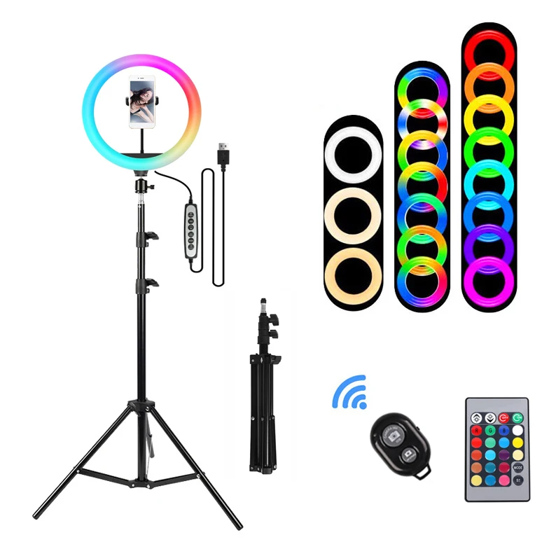 Amazon multi-color RGB led ring light selfie 10 inch round photography lamp with 2.0 m adjustable tripod and remote control
Amazon multi-color RGB led ring light selfie 10 inch round photography lamp with 2.0 m adjustable tripod and remote control