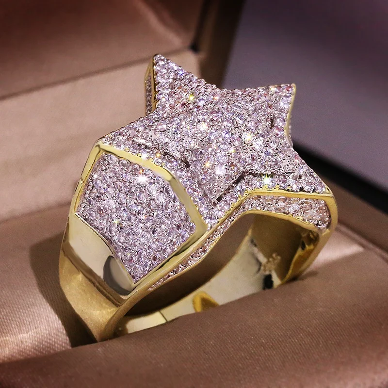 Gold Bling Star Pentagram Ring with Zircon Stone Hip Hop Fashion Jewelry for Women Man Wedding Engagement Ring
Gold Bling Star Pentagram Ring with Zircon Stone Hip Hop Fashion Jewelry for Women Man Wedding Engagement Ring