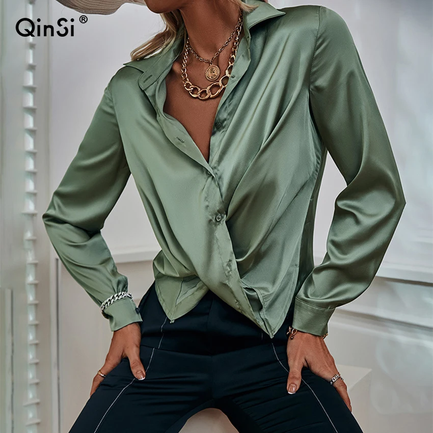 QINSI Fashion solid satin blouse new top Elegant long sleeve wrap blouses green women slim blouse 2022 Spring satin silk shirt
QINSI Fashion solid satin blouse new top Elegant long sleeve wrap blouses green women slim blouse 2022 Spring satin silk shirt