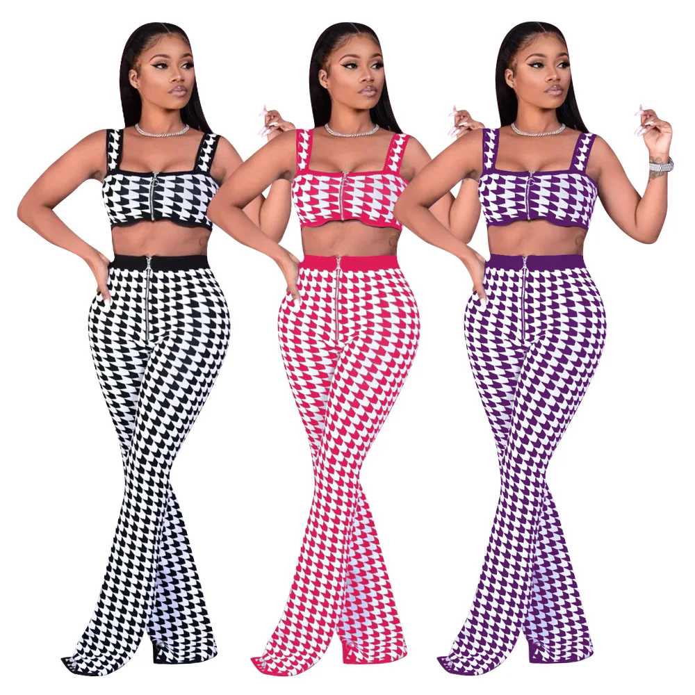 

2021 spring women clothing checked zipper ladies tops flare pants 2 piece set halter tube top pencil pants two piece sweat suit