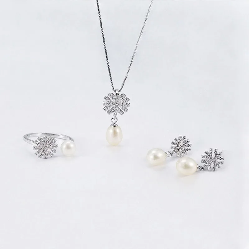 Wholesale Snowflake Female Silver Jewelry 925 Sterling Silver Freshwater Pearl Necklace Sets, White
Wholesale Snowflake Female Silver Jewelry 925 Sterling Silver Freshwater Pearl Necklace Sets, White