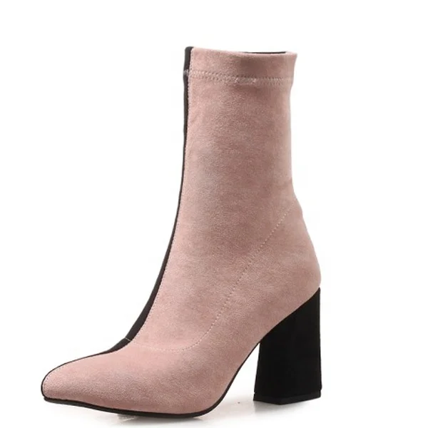 Women Winter Ankle Boots Patchwork Square Heels Booties Pointed toe Slip on Pink Dress Short Boots, Pink black 
Women Winter Ankle Boots Patchwork Square Heels Booties Pointed toe Slip on Pink Dress Short Boots, Pink black