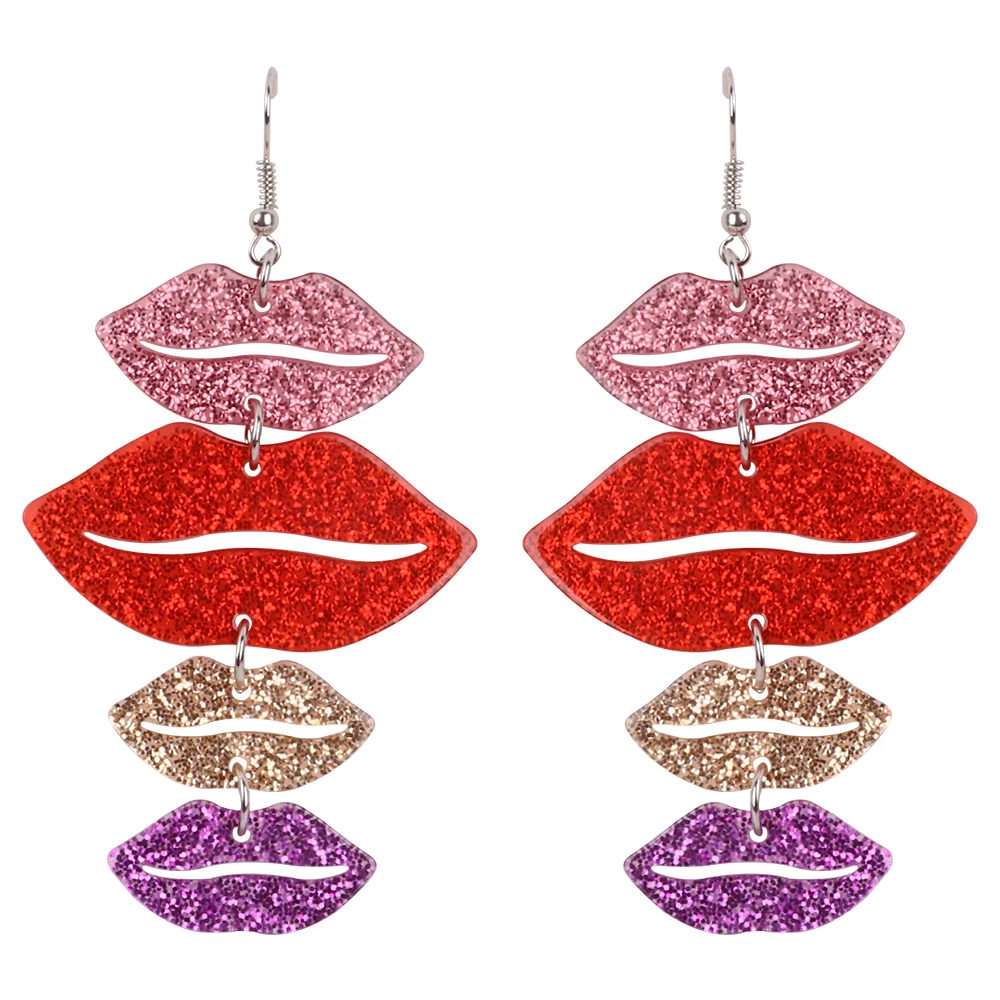 

Hyperbole Spoof Red Pink Purple Gold Glitter Spot Mult layered Lip Mouth Pendant Acrylic Resin Drop Earrings Party Jewelry Women