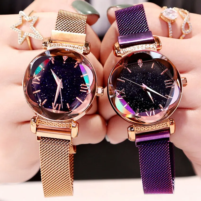

Luxury Rose Gold Women Watches Minimalism Starry Sky Magnet Buckle Fashion Casual Roman Numeral Quartz Watches Relogio Feminino, As show