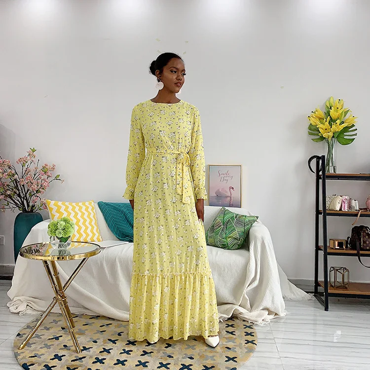 Women Sash Round Collar Garment Fashion Abaya Robe Printed Floral Ruffles Muslim Long Flare Sleeve Dress, Yellow, blue
Women Sash Round Collar Garment Fashion Abaya Robe Printed Floral Ruffles Muslim Long Flare Sleeve Dress, Yellow, blue