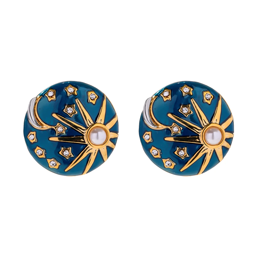 Vintage 18K Gold Plated Brass Zircon Pearl Moon Sun Blue Enamel Epoxy Stud Earring for Girls
Vintage 18K Gold Plated Brass Zircon Pearl Moon Sun Blue Enamel Epoxy Stud Earring for Girls