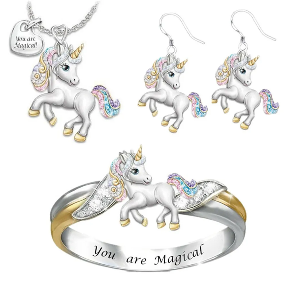 Hot Sale Creative Animal Rhinestone Necklace Rings and Earrings Set Cute Unicorn Pendant Jewelry Set for Women, Silver
Hot Sale Creative Animal Rhinestone Necklace Rings and Earrings Set Cute Unicorn Pendant Jewelry Set for Women, Silver