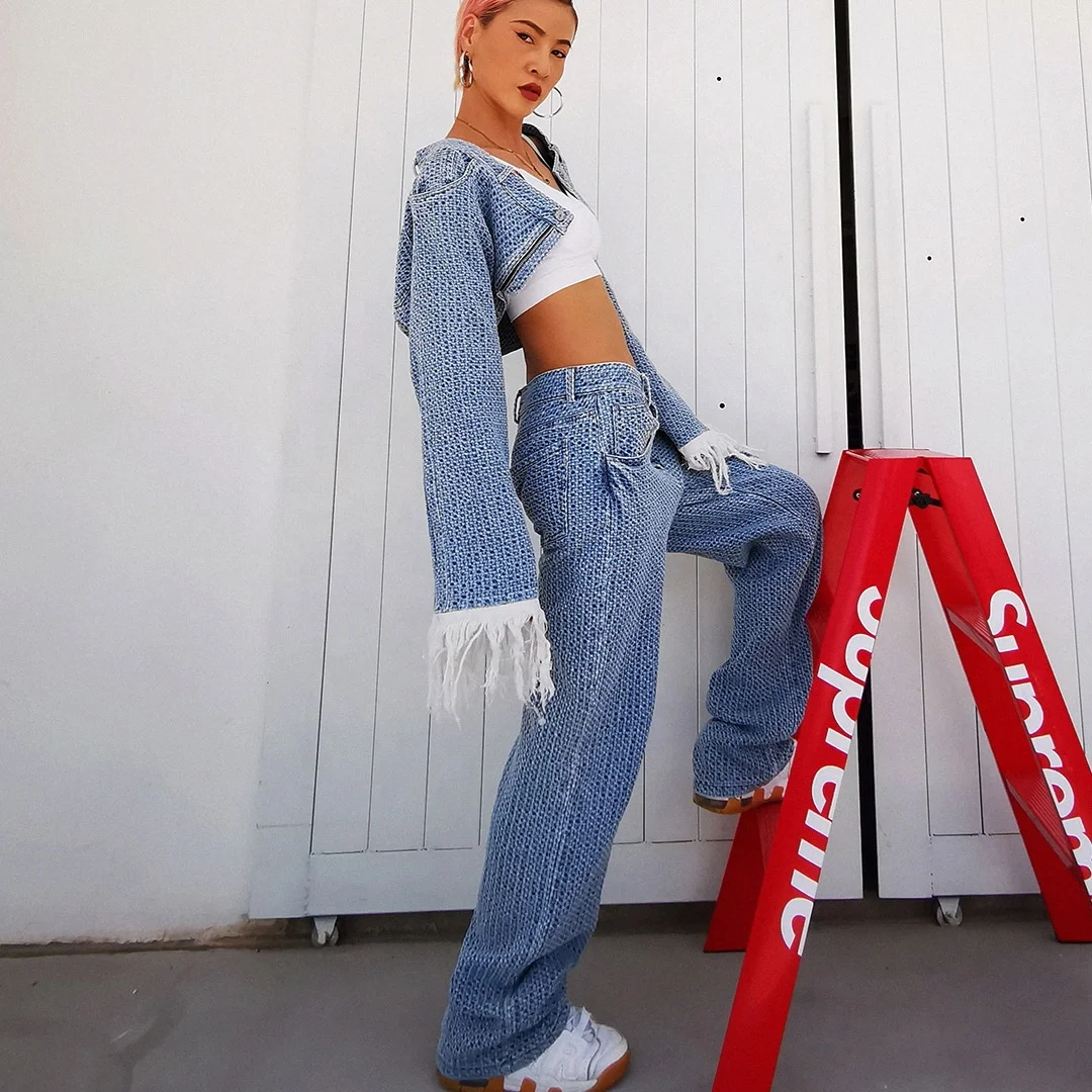 New Fashion Fringed Tassel Long Sleeve Jean Short High Waist Wide Leg Pants Sets Women Two Piece Denim Set, Blue
New Fashion Fringed Tassel Long Sleeve Jean Short High Waist Wide Leg Pants Sets Women Two Piece Denim Set, Blue