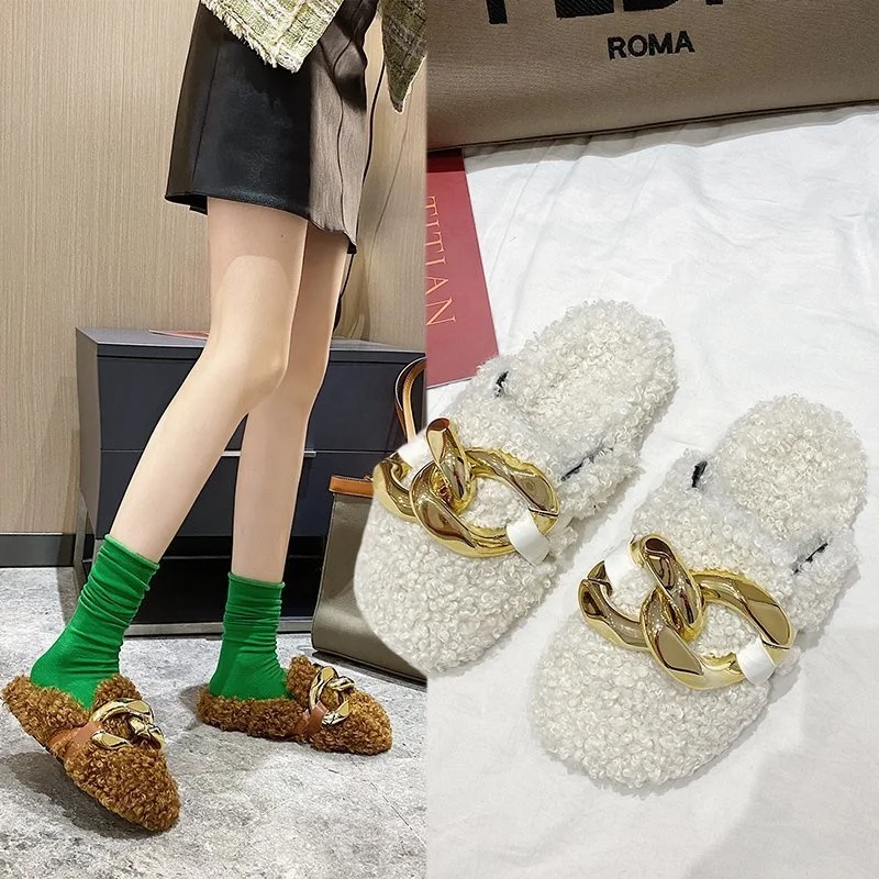 fashionable women Lamb hair bun and half drag women wear flat fur slippers with large chain mulers shoes, As picture
fashionable women Lamb hair bun and half drag women wear flat fur slippers with large chain mulers shoes, As picture