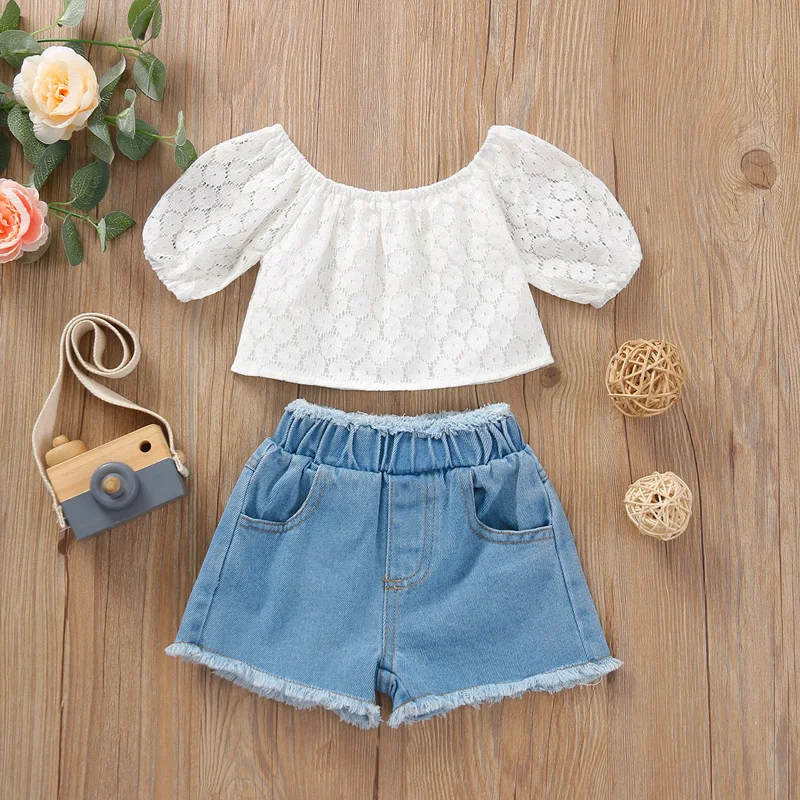 New Summer Fashion Girls Clothing Sets 2 pcs Off Shoulder Lace Top Denim Shorts Set Kids Clothes Outfits
New Summer Fashion Girls Clothing Sets 2 pcs Off Shoulder Lace Top Denim Shorts Set Kids Clothes Outfits