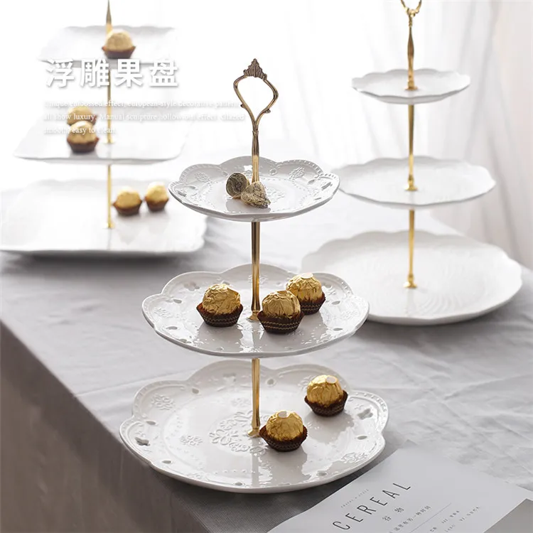 Wedding party floral embossed pattern dessert cake serving ceramic 3 tier plate stand with gold handle 