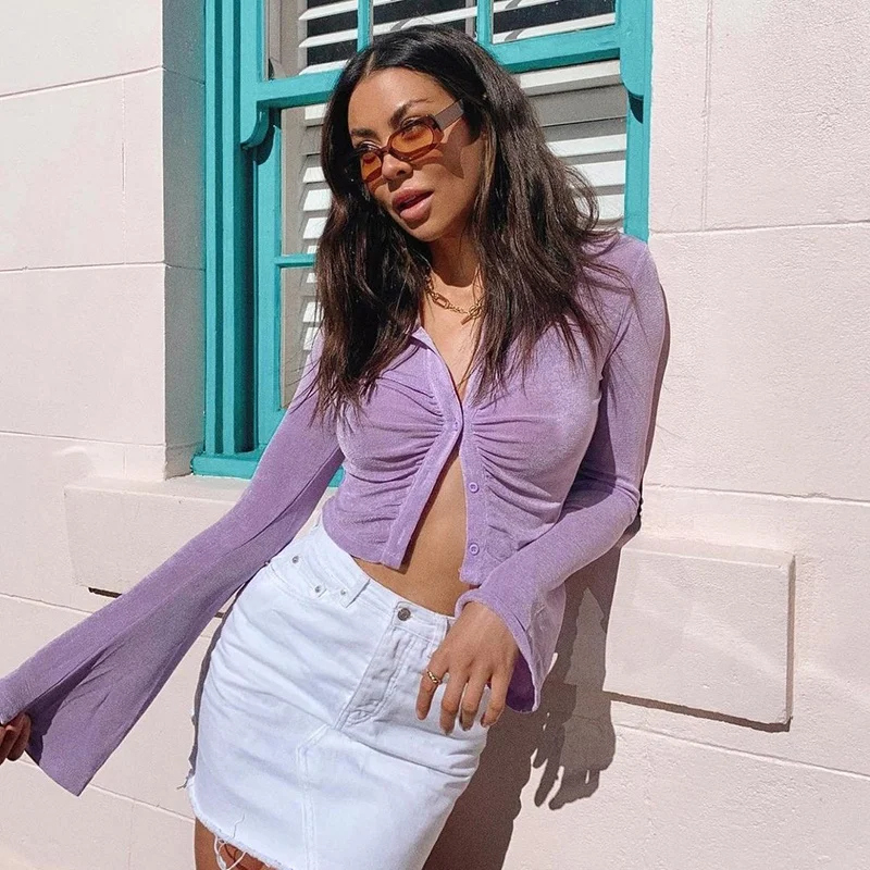 New arrival solid color fashionable fall shirt skinny pleated knit flared long sleeve crop tops with button
New arrival solid color fashionable fall shirt skinny pleated knit flared long sleeve crop tops with button