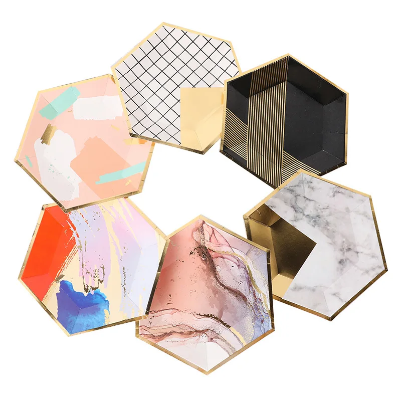 High Quality Hexagon Color Bronzing Paper Plate Birthday Party Supplies Disposable Rhombus Dishes Plates Set
High Quality Hexagon Color Bronzing Paper Plate Birthday Party Supplies Disposable Rhombus Dishes Plates Set