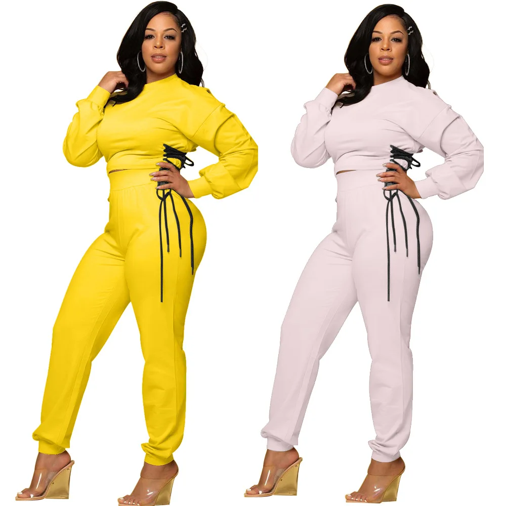 Casual Sexy High Waist Fall Sets 2021 Fashion Lace Up Solid Color Ladies Joggers Pants Two Piece Pants Set, Picture color
Casual Sexy High Waist Fall Sets 2021 Fashion Lace Up Solid Color Ladies Joggers Pants Two Piece Pants Set, Picture color