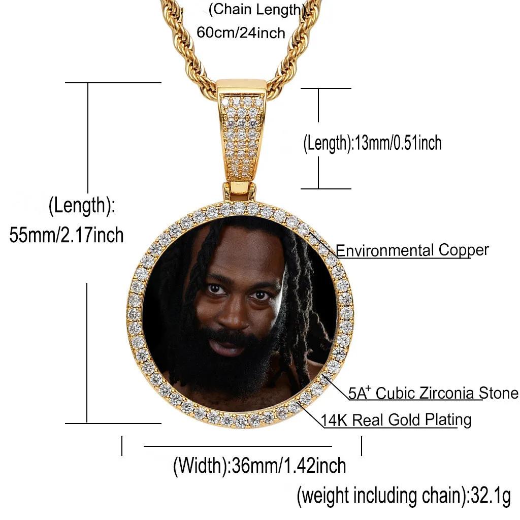 Custom photo memory souvenir jewelry gift, bling bling hip hop copper with iced out Cuban link chain pendant necklace