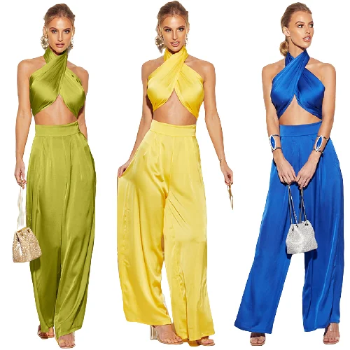 Women halter bandage two piece outfits sleeveless backless crop tops+wide leg pants matching set sexy solid clubwear
Women halter bandage two piece outfits sleeveless backless crop tops+wide leg pants matching set sexy solid clubwear