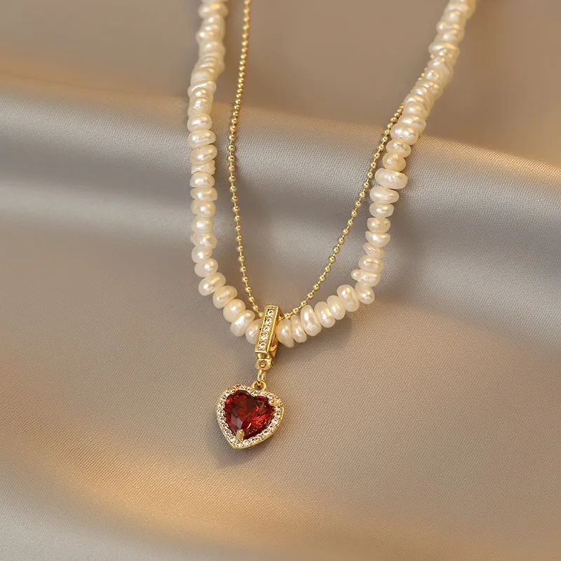 Vintage Heart Layered Necklace Freshwater Pearl Necklace Charms Valentine's Day Gift Red Zircon Pearl Beads Jewelry, Gold
Vintage Heart Layered Necklace Freshwater Pearl Necklace Charms Valentine's Day Gift Red Zircon Pearl Beads Jewelry, Gold