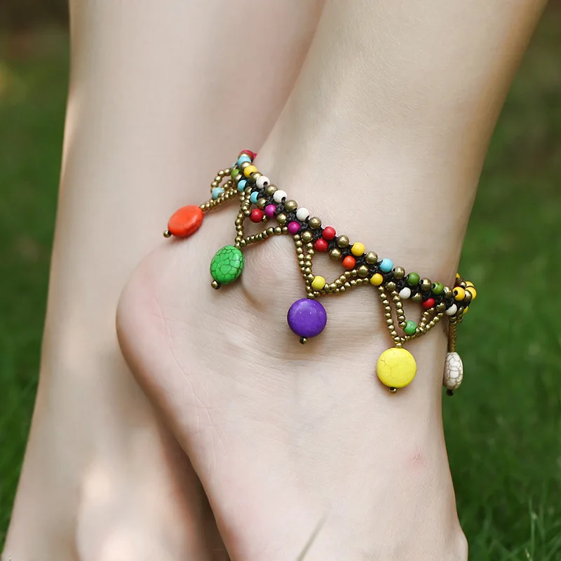 

European Bohemian Style Turquoise Round Beach Anklet Hand-woven Beaded Anklet Ladies Foot Accessories, Picture shows