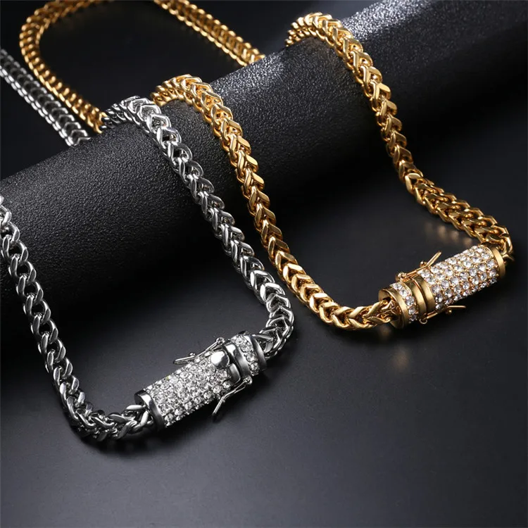 Golden stainless steel hip hop full diamond buckle positive negative chain necklace Titanium steel sweater chain necklace, Picture shows
Golden stainless steel hip hop full diamond buckle positive negative chain necklace Titanium steel sweater chain necklace, Picture shows