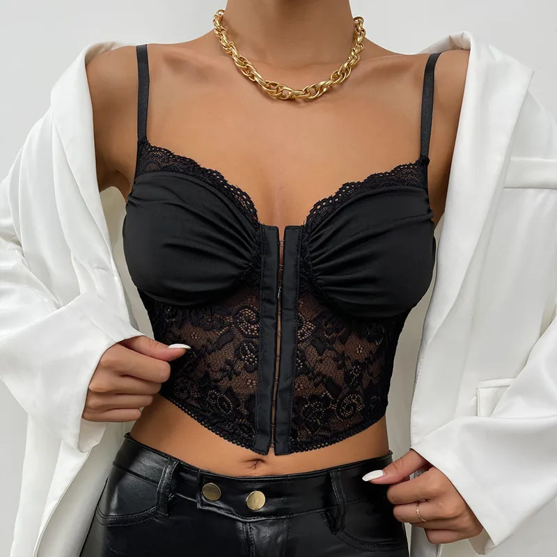 Sexy Black Mesh Lace Trim Embroidery Floral Crop Top Vest Women Front Hidden Clasp Ruffles Wrap Tank Tops Ladies
Sexy Black Mesh Lace Trim Embroidery Floral Crop Top Vest Women Front Hidden Clasp Ruffles Wrap Tank Tops Ladies