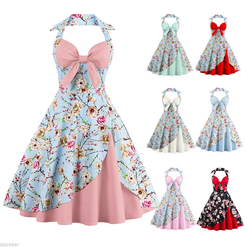 

New girl Womens Vintage Rockabilly Pinup Hepburn Halter Swing Evening Party Dress, Picture color