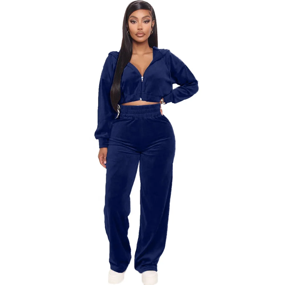 Women Velour Velvet Two Piece set Outfits full Sleeve hoodie Zipper Crop Jacket long Pants 2 piece Suit Sweatshirt Tracksuit set, Custom 
Women Velour Velvet Two Piece set Outfits full Sleeve hoodie Zipper Crop Jacket long Pants 2 piece Suit Sweatshirt Tracksuit set, Custom