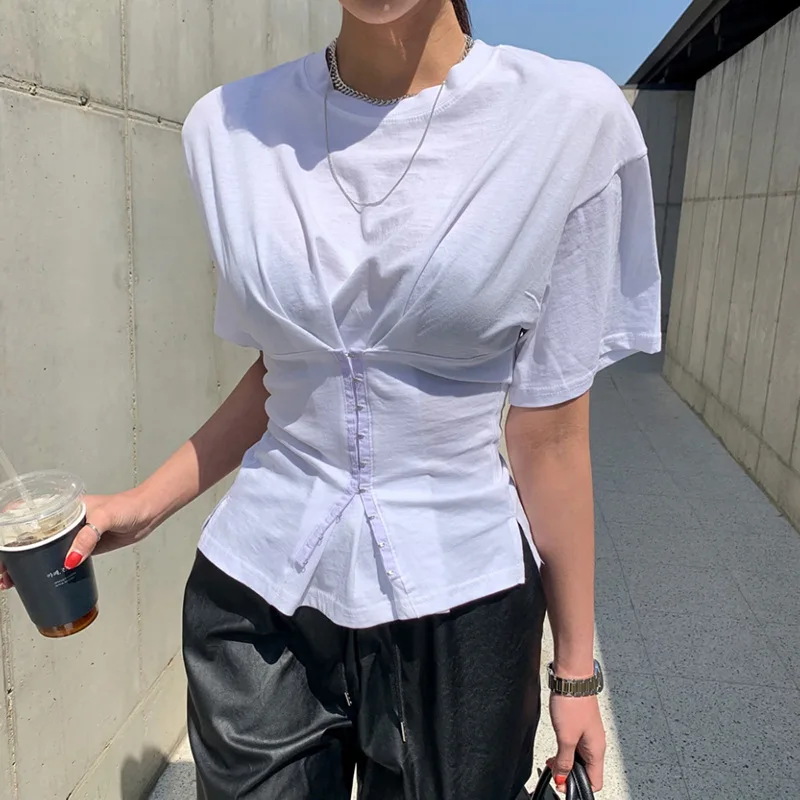 2021 Fashion Breasted Slim Fit Waist Ladies Solid White Tops Loose O Neck Women Summer T Shirt Casual Short Sleeve
2021 Fashion Breasted Slim Fit Waist Ladies Solid White Tops Loose O Neck Women Summer T Shirt Casual Short Sleeve