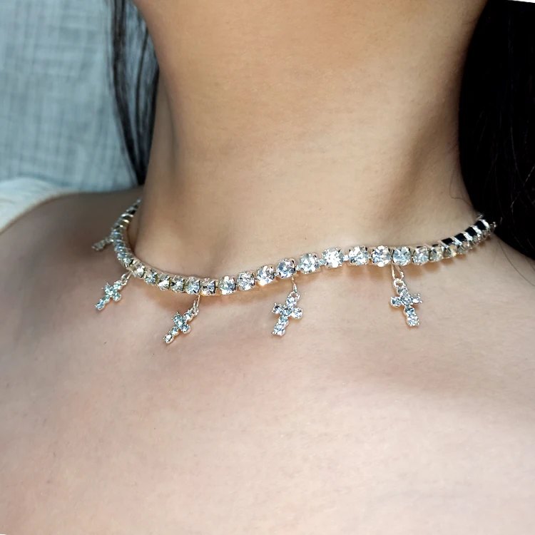 Fashion Glitter Crystal Rhinestone Tennis Diamond Silver Cross choker necklace for Women, Colors
Fashion Glitter Crystal Rhinestone Tennis Diamond Silver Cross choker necklace for Women, Colors