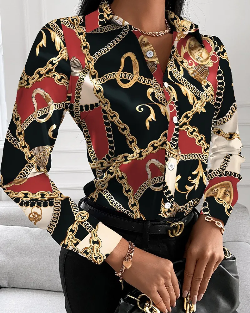 2021 Office Ladies Elegant Chain Print Shirt Blouses Women Casual Shirts Long Sleeve Blouse Turn-down Collar Button Tops
2021 Office Ladies Elegant Chain Print Shirt Blouses Women Casual Shirts Long Sleeve Blouse Turn-down Collar Button Tops