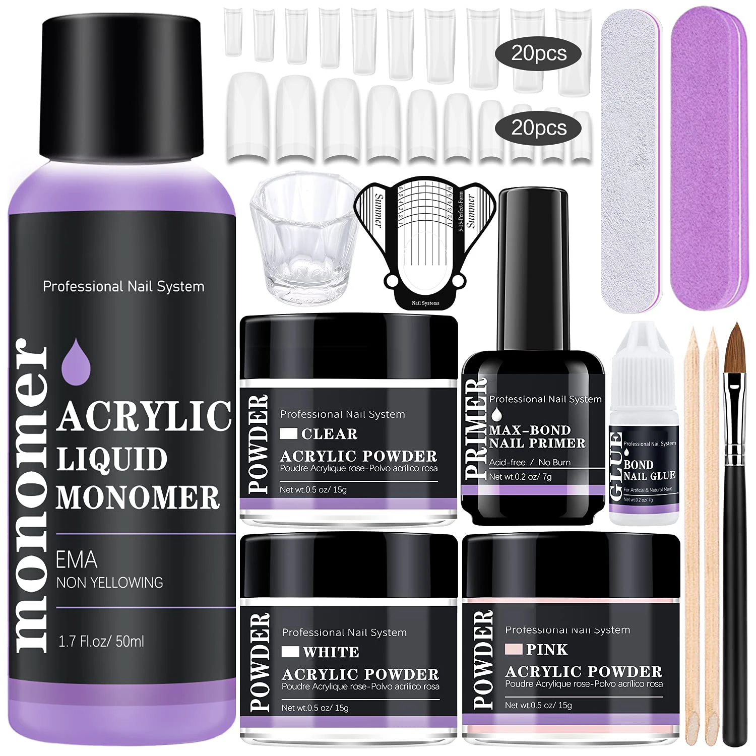 Acrylic Powder and Liquid Monomer Set with Primer Nail Tips Glue Brush Complete Nails Kit
Acrylic Powder and Liquid Monomer Set with Primer Nail Tips Glue Brush Complete Nails Kit