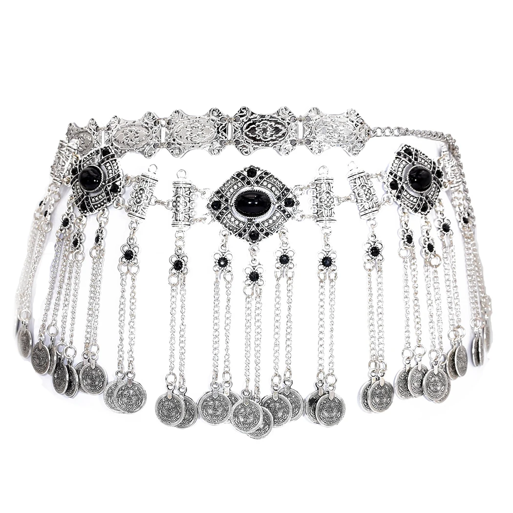 Bohemian coin tassel waist chain ladies dance accessories coin pendant fashion flower waist chain, Black,blue 
Bohemian coin tassel waist chain ladies dance accessories coin pendant fashion flower waist chain, Black,blue