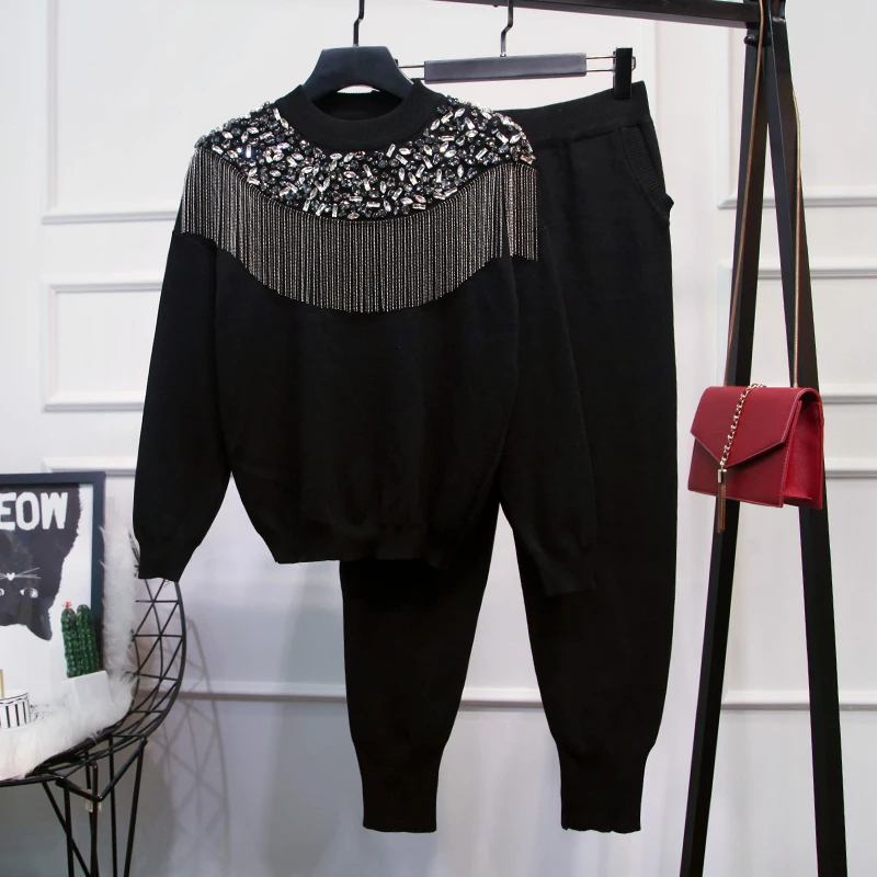 New Arrival Women's Knit Pants Set Round Neck Rhinestone Tassel Sweater 2 Piece Outfit Sets High Quality Sweater Suits
New Arrival Women's Knit Pants Set Round Neck Rhinestone Tassel Sweater 2 Piece Outfit Sets High Quality Sweater Suits