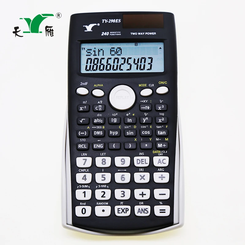 Солнечная научный калькулятор TY-290 ОУР Оптовая 12-автомобильное зарядное устройство цифровой дисплей 2 линии ЖК-дисплей для школьников 240 функции