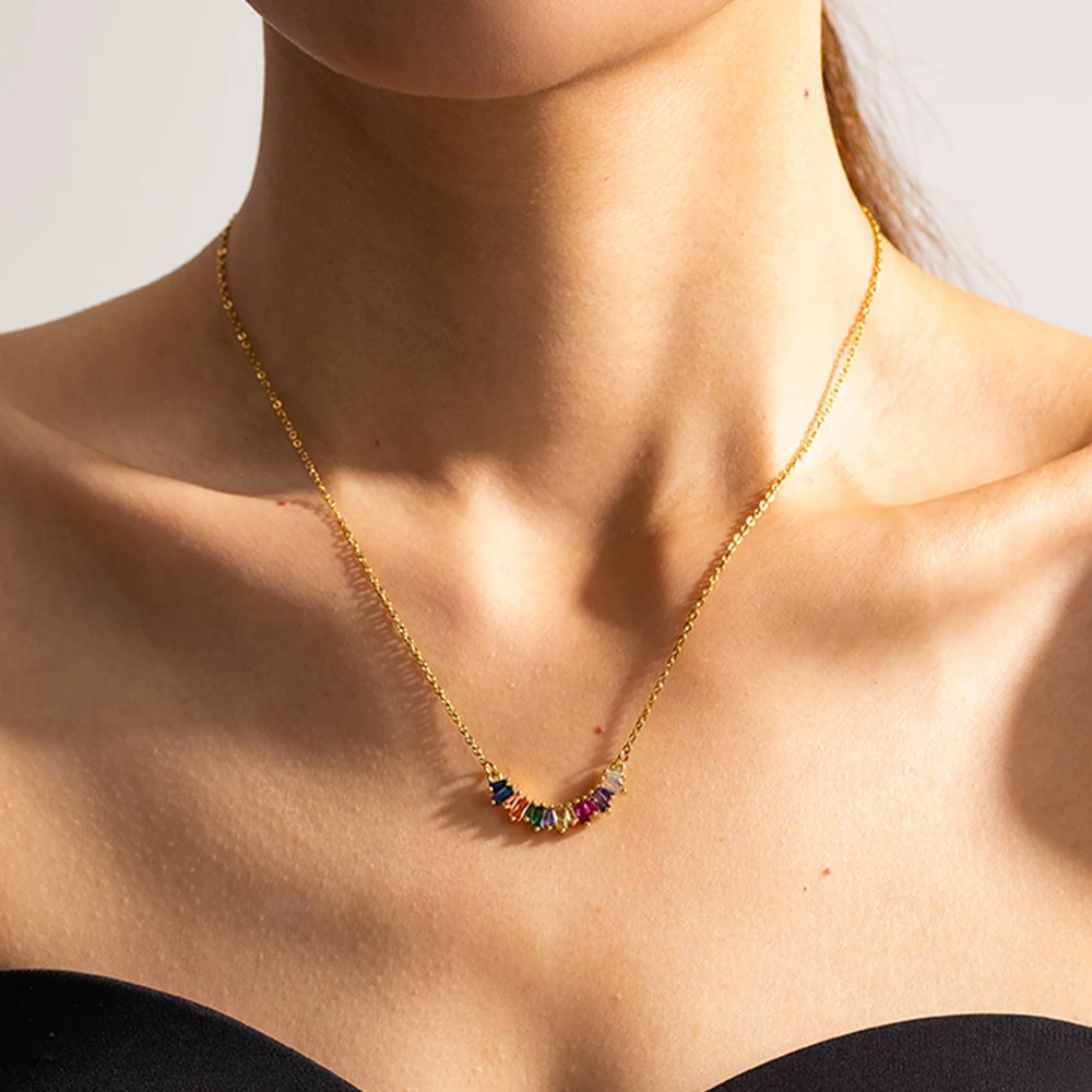 Colorful Rainbow Zircon Pendant Necklace 18K PVD Gold Plated Stainless Steel Shining CZ Stone Charm Necklace For Women
Colorful Rainbow Zircon Pendant Necklace 18K PVD Gold Plated Stainless Steel Shining CZ Stone Charm Necklace For Women