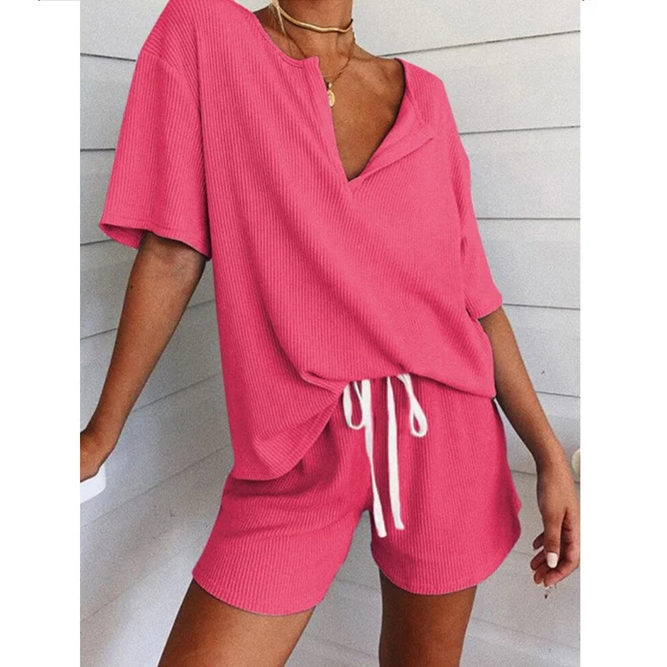 Women's Temperament Loose V-neck Short Sleeve + Shorts Suit Soild Color Summer Tracksuit Elastic Waist Women 2 Piece Sets
Women's Temperament Loose V-neck Short Sleeve + Shorts Suit Soild Color Summer Tracksuit Elastic Waist Women 2 Piece Sets
