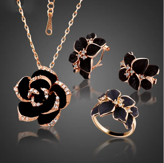 Fashion Rose Flower Enamel Jewelry Set Rose Gold Color Black Painting Bridal Jewelry Sets For Women, Picture shows
Fashion Rose Flower Enamel Jewelry Set Rose Gold Color Black Painting Bridal Jewelry Sets For Women, Picture shows