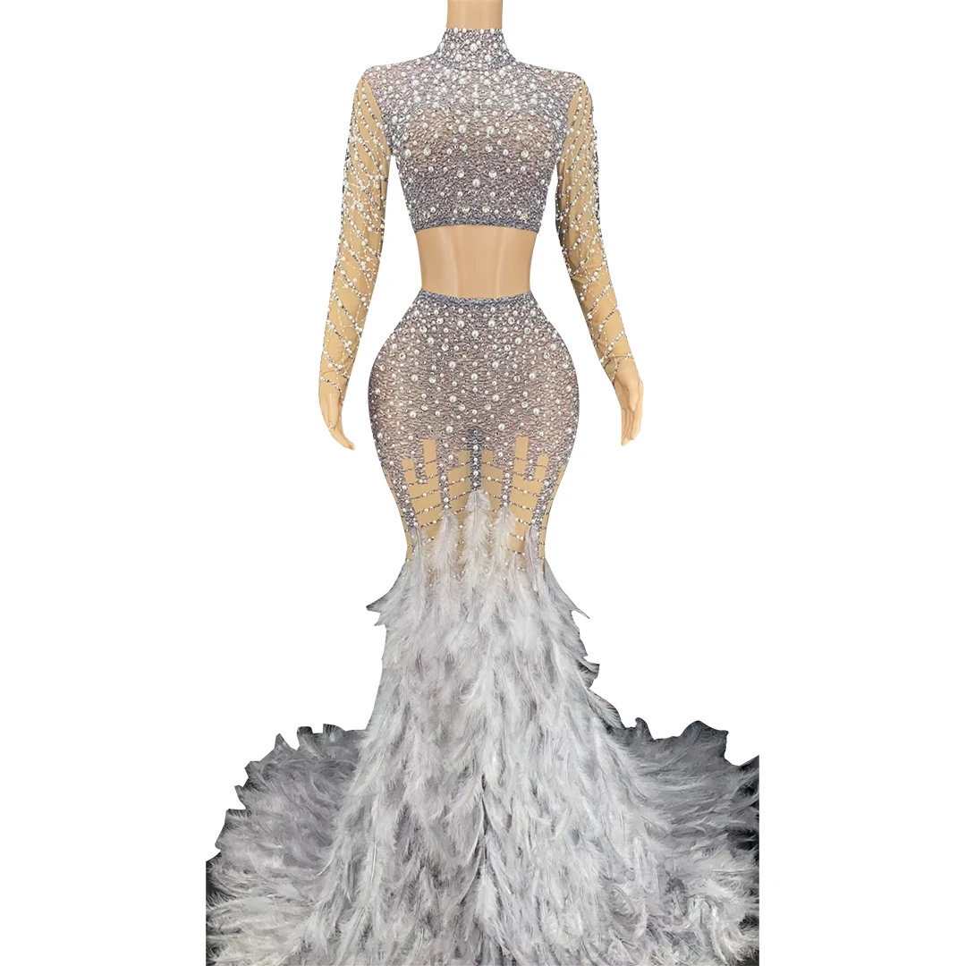 

Luxury See Through Crystal Pearls Feathers Mermaid Wedding Party Dress Ladies Sexy Bodycon Prom Dresses Women Evening Gown, Gray