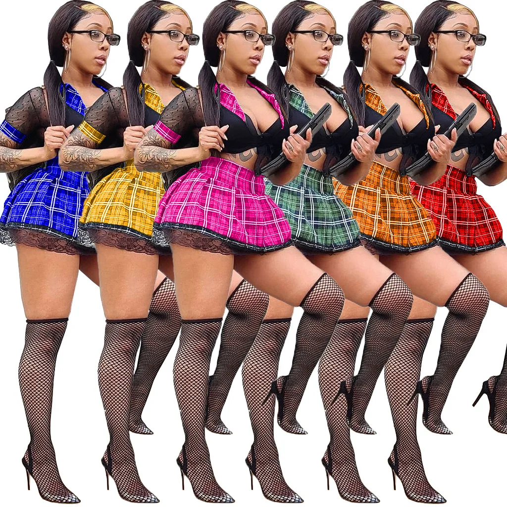 M2143 Summer Women'S Plaid Printed Mesh Screen Stitching Contrast Color Bandage Top Lace A-Line Skirt Set Women Short Skirt Set
M2143 Summer Women'S Plaid Printed Mesh Screen Stitching Contrast Color Bandage Top Lace A-Line Skirt Set Women Short Skirt Set