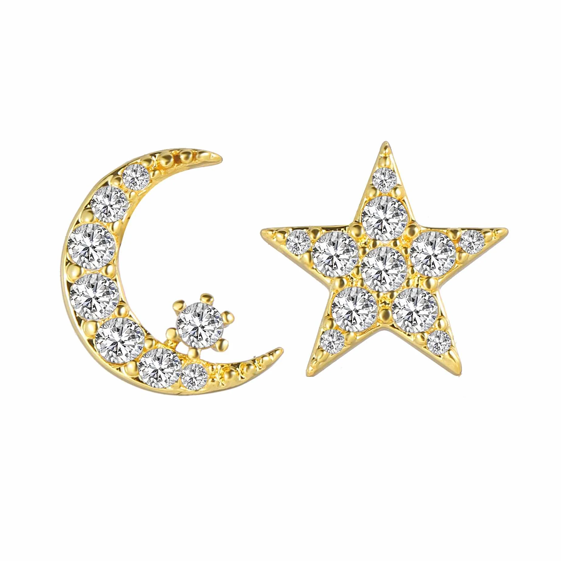 New Arrival Gold Plated Dainty Moon and Star Crystal Stud Earrings for Women 
New Arrival Gold Plated Dainty Moon and Star Crystal Stud Earrings for Women