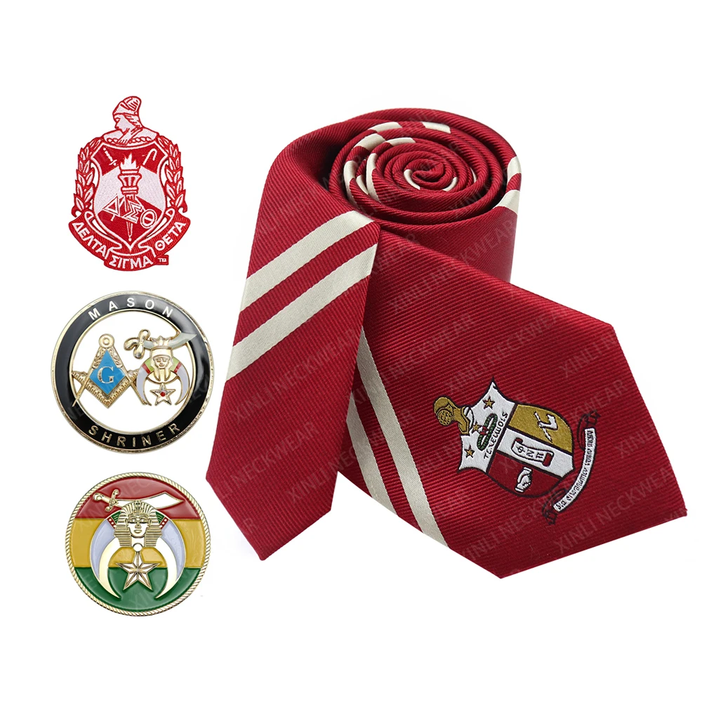 

Logo Neckties Custom Jacquard Silk Men Fraternity Mans Greek Crimson Red Tie 8CM Width With White Stripes