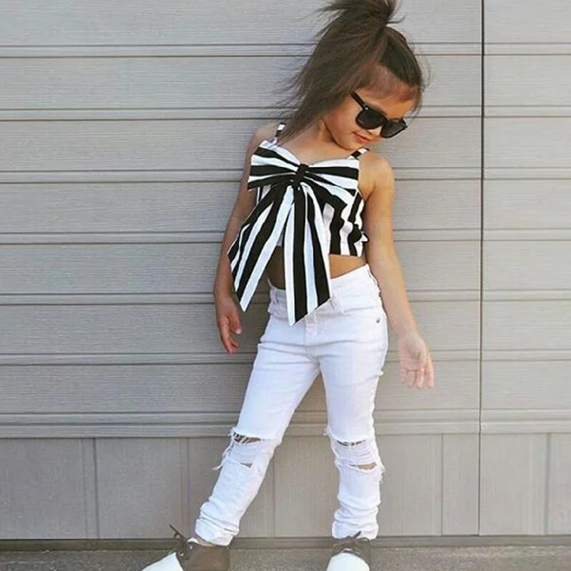 2021 New Design Children Clothes Girl Cotton Striped Butterfly Sleeveless Top Trendy Ripped Trousers Girls' Clothing Sets, White/black
2021 New Design Children Clothes Girl Cotton Striped Butterfly Sleeveless Top Trendy Ripped Trousers Girls' Clothing Sets, White/black