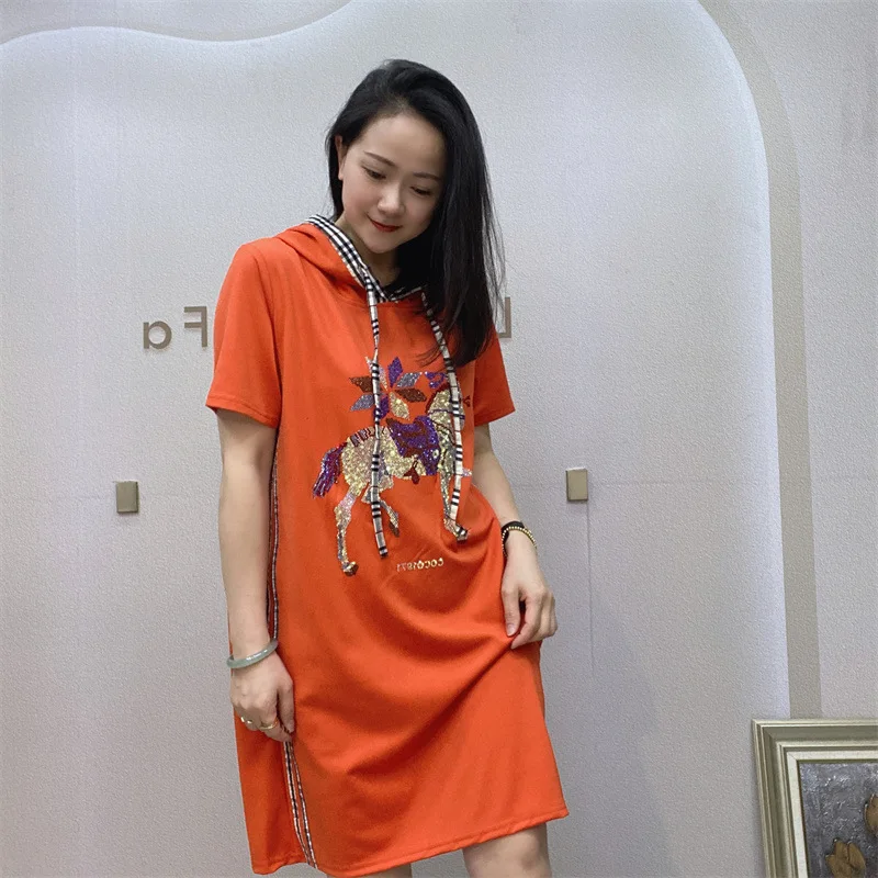 Summer New Loose Hooded Short Sleeve T-shirt Dress Hot Drilling Colorful Oversized Dress Fashion Women's Casual Dress
Summer New Loose Hooded Short Sleeve T-shirt Dress Hot Drilling Colorful Oversized Dress Fashion Women's Casual Dress