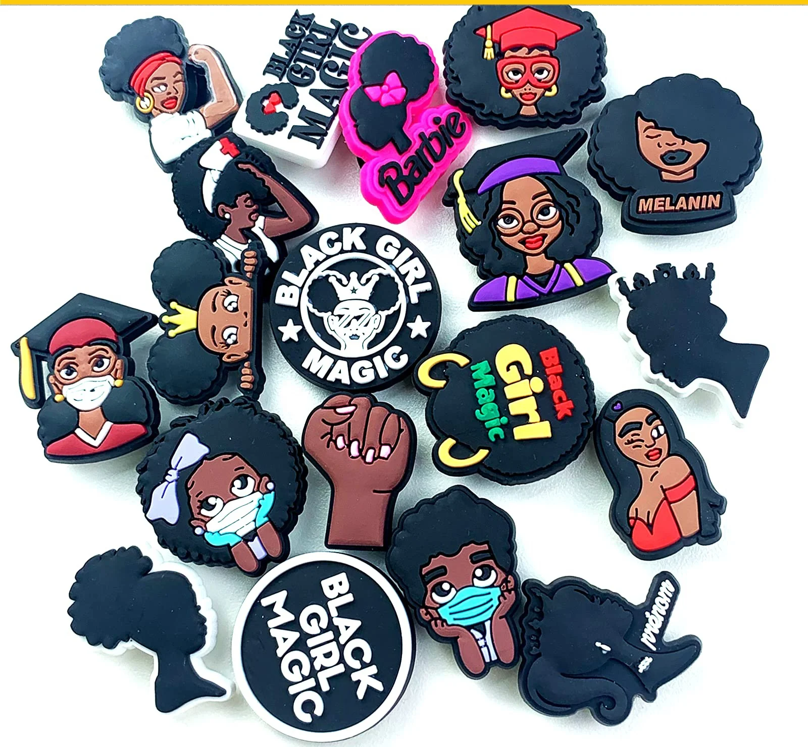 20 PCS Black Girl Magic Croc Accessories Shoe Charms PVC Croc Decoration For Bracelets Wristbands And Button Shoes, Customized color
20 PCS Black Girl Magic Croc Accessories Shoe Charms PVC Croc Decoration For Bracelets Wristbands And Button Shoes, Customized color